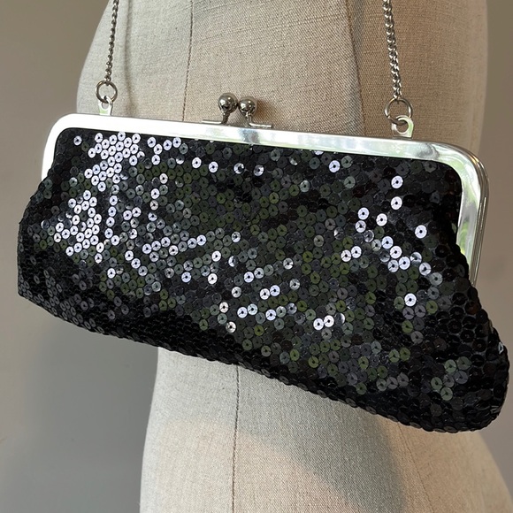 LOFT Black sequined clutch purse with silver metal trim and chain - Picture 3 of 6